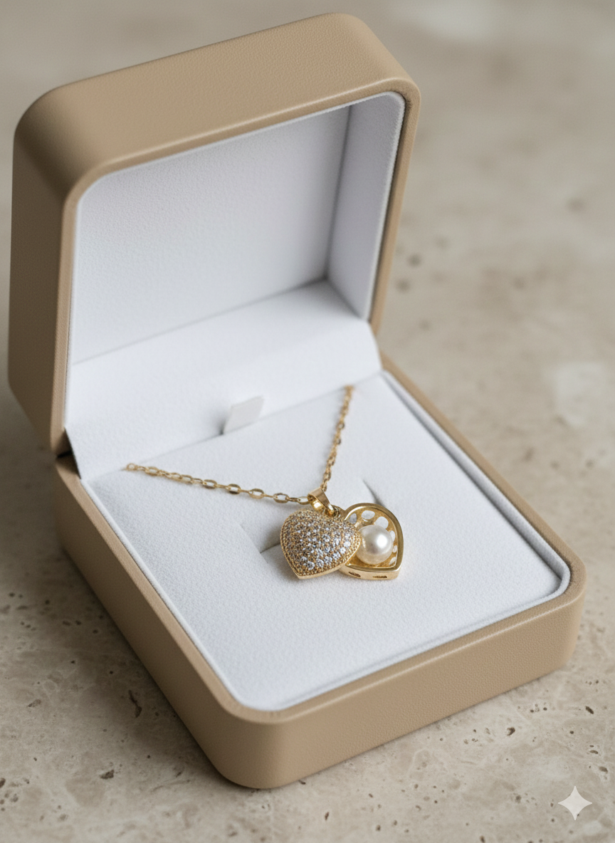 Luxury Stainless Steel Secret Pearl Heart Necklace - Sparkling Zirconia Locket