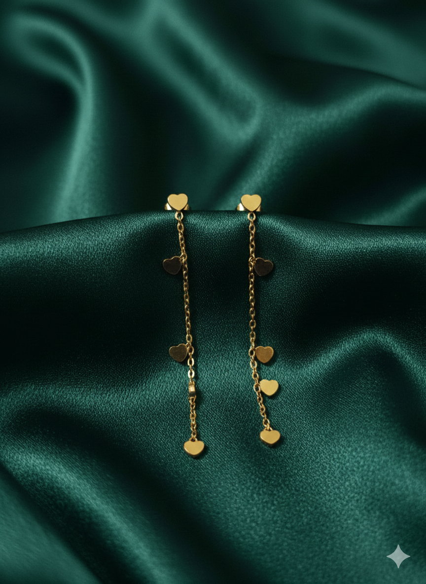 Dainty Cascading Heart Drop Earrings – 18K Gold Plated Stainless Steel – Elegant Multi-Heart Tassel Threader Earrings