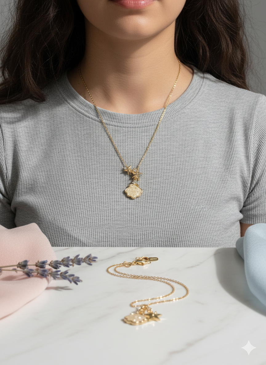 Elegant Celestial Shell Necklace - Gold Stainless Steel with Zirconia Accents