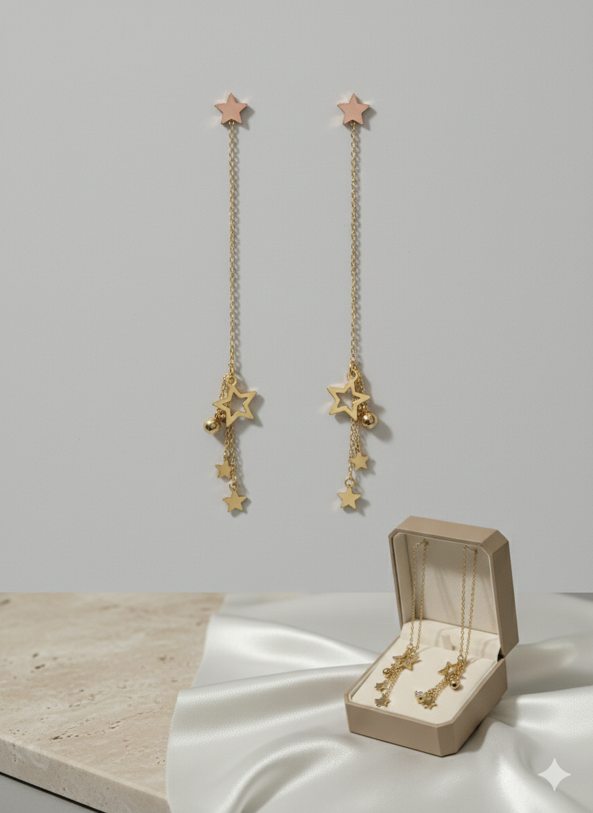 Long Gold Stainless Steel Star Tassel Earrings - Celestial Dangle Jewelry