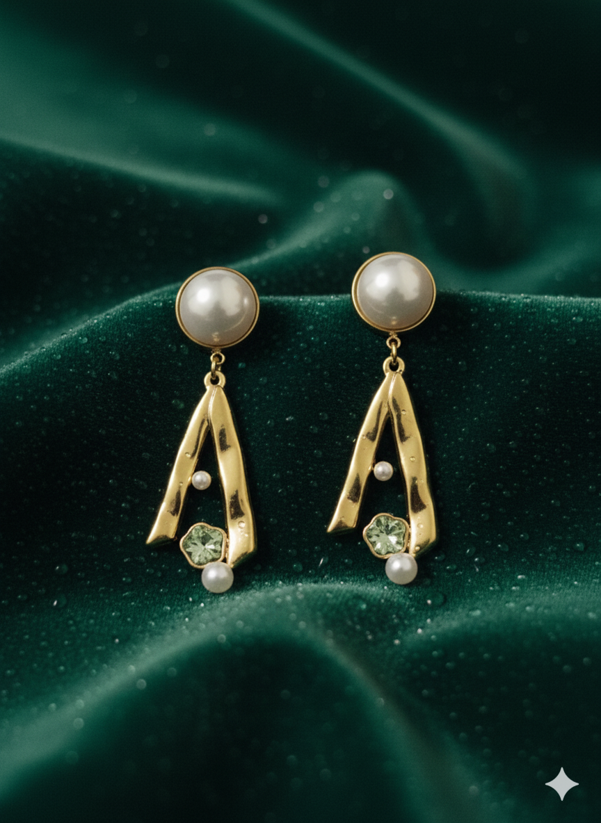 Abstarct Sculptural Drop Earrings | Pearl & Mint Crystal Stainless Steel