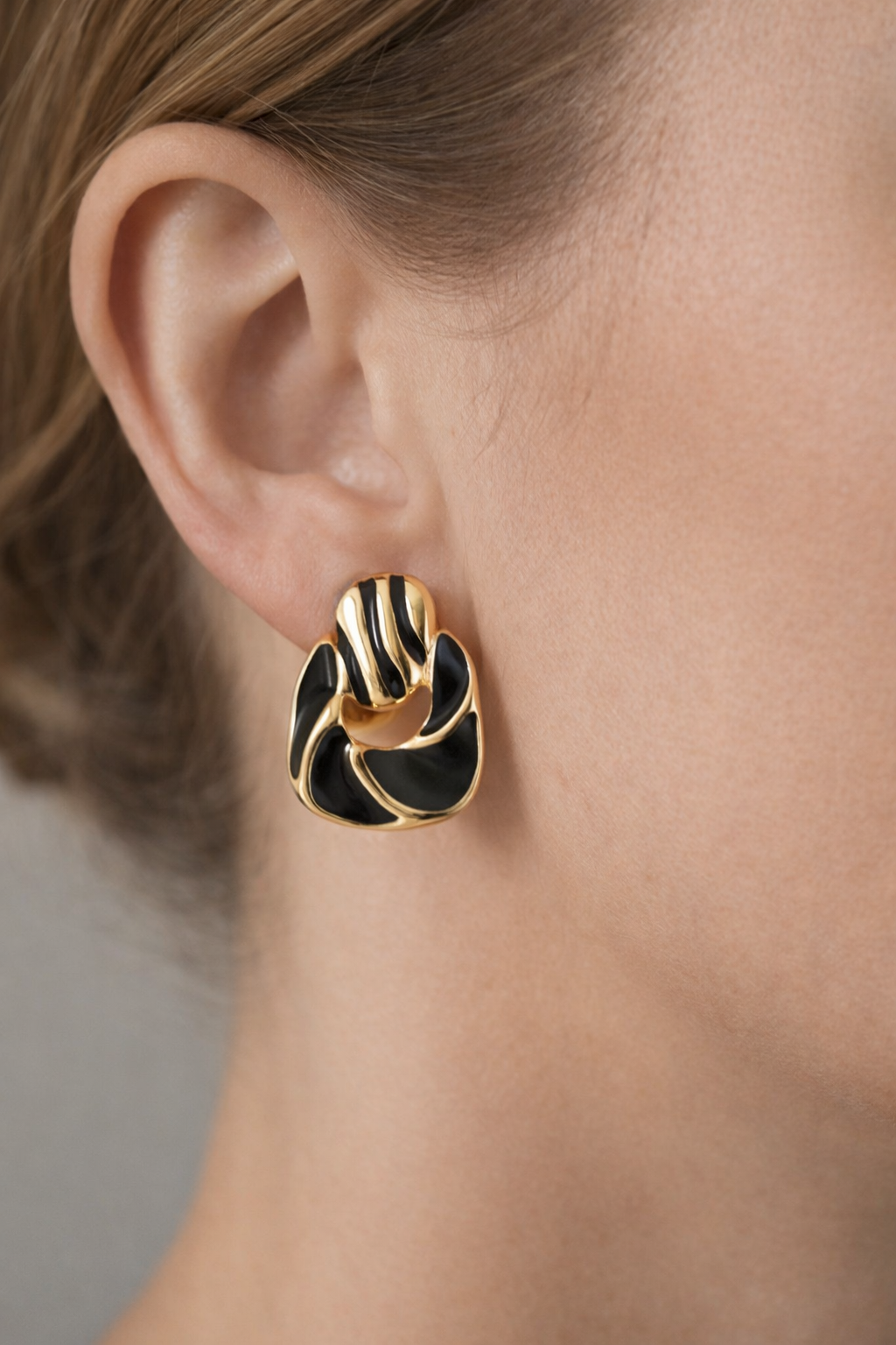 Midnight Noir Enamel Knots – 18K Gold Plated Sculptural Statement Earrings