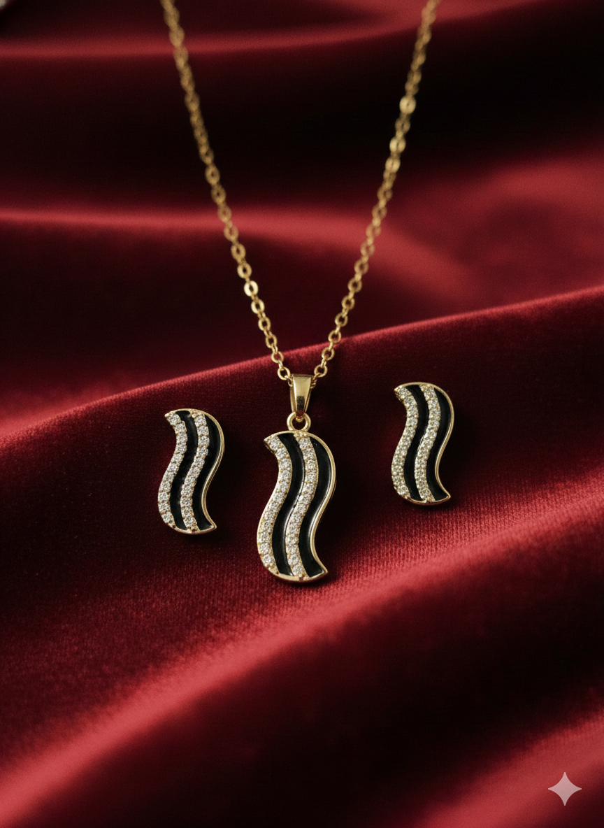 Luxury Noir & Sparkle Wave Jewellery Set – 18K Gold Plated Stainless Steel – Curved Midnight Enamel & Crystal Necklace and Earrings Set