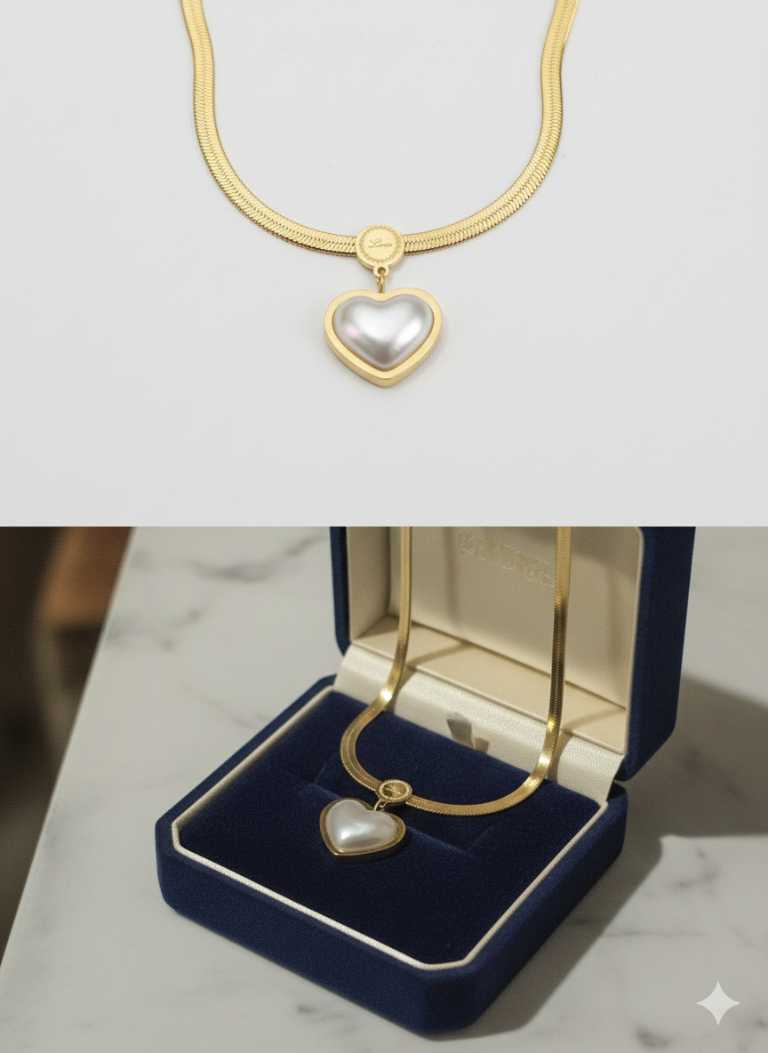 Luxury Stainless Steel Heart Pearl Necklace - Gold Herringbone Snake Chain