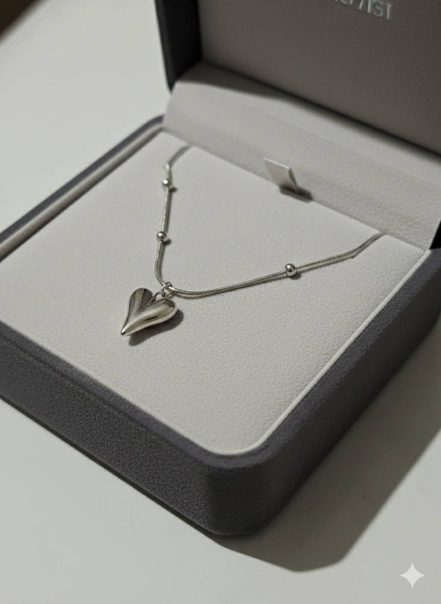 Rhodium Plated Puffy Heart Satellite Necklace