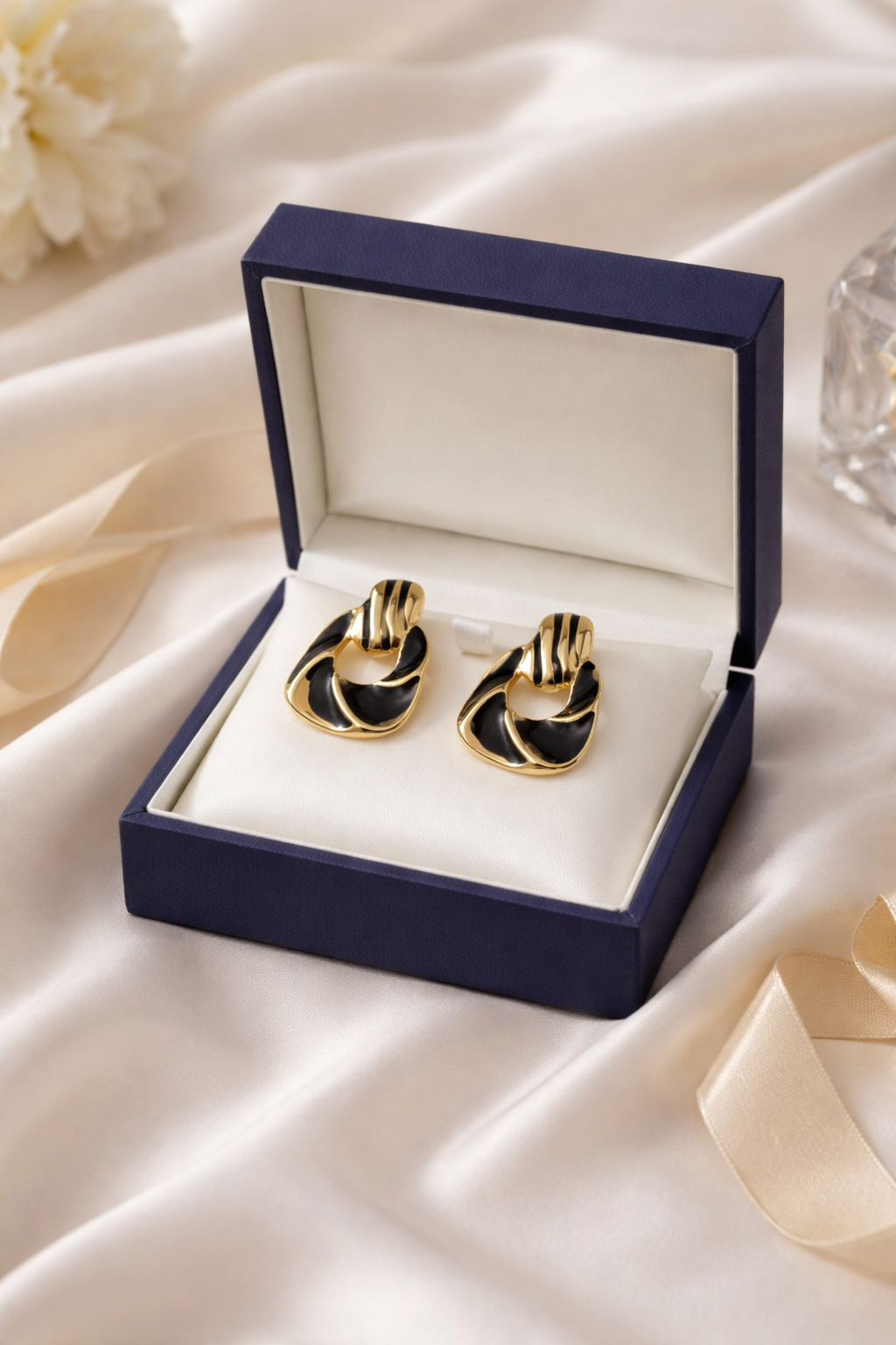 Midnight Noir Enamel Knots – 18K Gold Plated Sculptural Statement Earrings