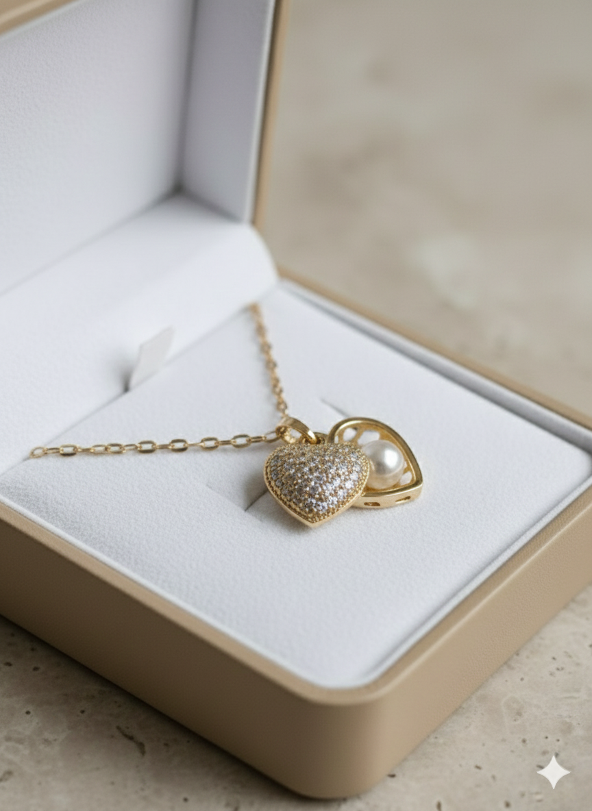 Luxury Stainless Steel Secret Pearl Heart Necklace - Sparkling Zirconia Locket