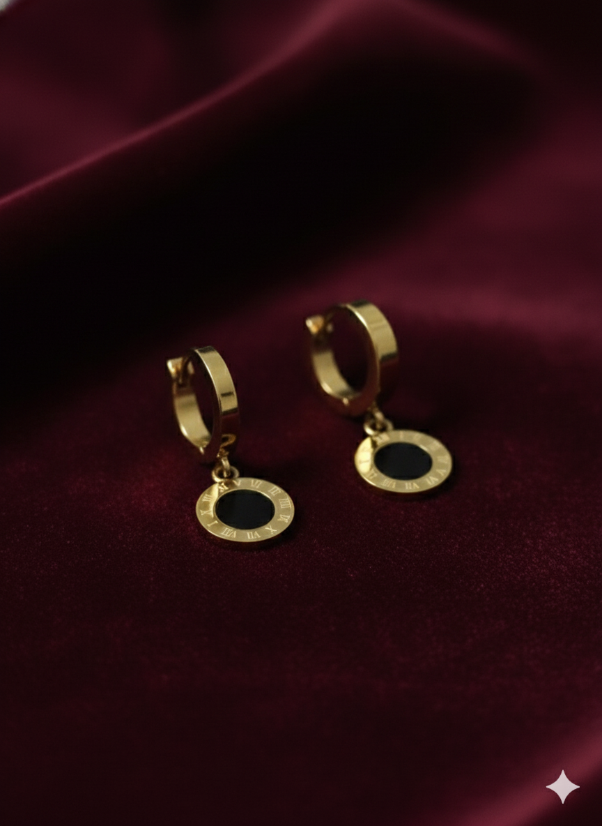 Luxury Roman Numeral Drop Hoop Earrings – 18K Gold Plated Stainless Steel – Black Enamel Medallion Earrings – Elegant Timeless Jewellery