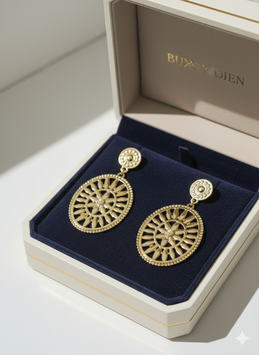 Vintage Gold Stainless Steel Sunburst Drop Earrings - Pearl Accent Jewelry