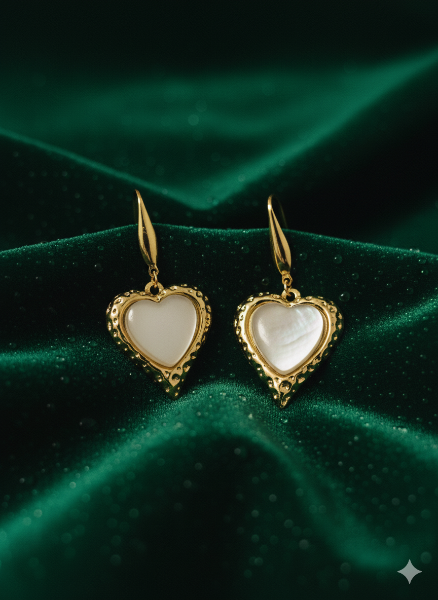 Vintage Mother of Pearl Heart Earrings | 18K Gold Plated Stainless Steel