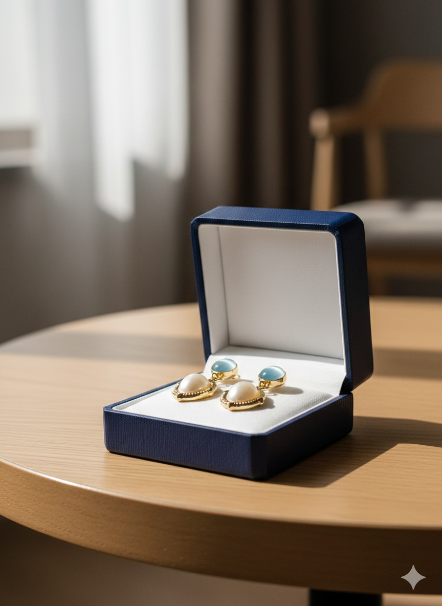 Azure & Pearl Vintage Drops – 18K Gold Plated Stainless Steel Earrings with Cat-Eye Resin