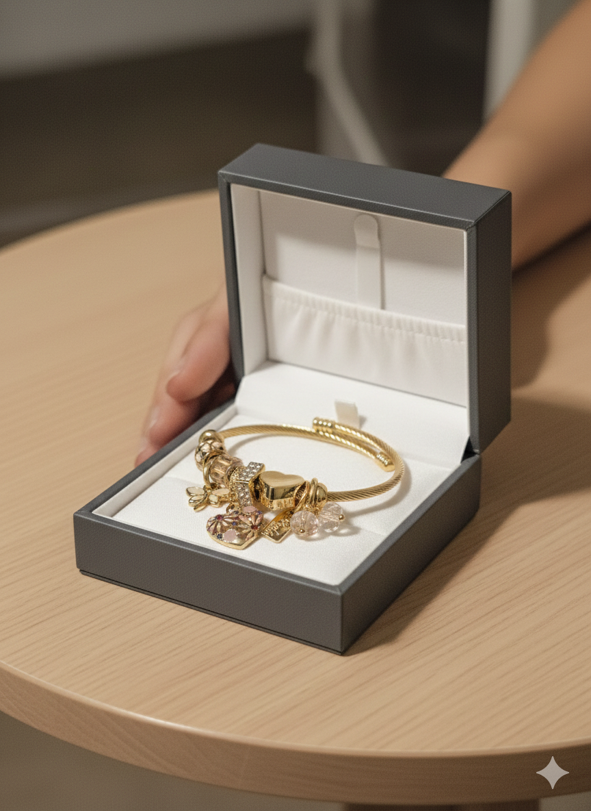 18K Gold Plated Stainless Steel Charm Bangle Bracelet - Tarnish-Free Heart & Crystal Set