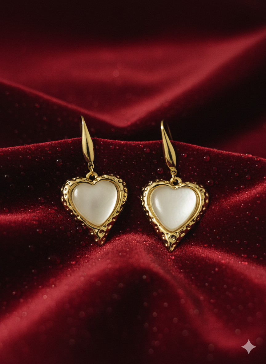 Vintage Mother of Pearl Heart Earrings | 18K Gold Plated Stainless Steel