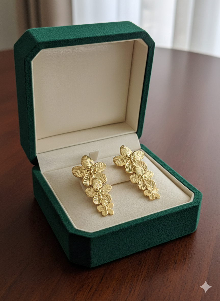 18K Gold Plated Minimalist Triple Floral Cascade Statement Earrings