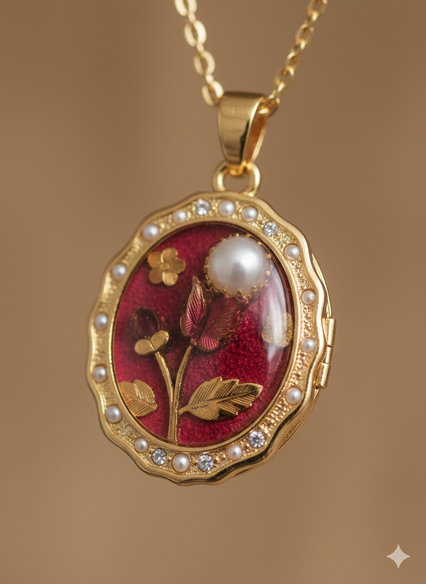 The "Secret Garden" Vintage Medallion – 18K Gold Plated Stainless Steel with Hand-Painted Enamel & Pearl Detail