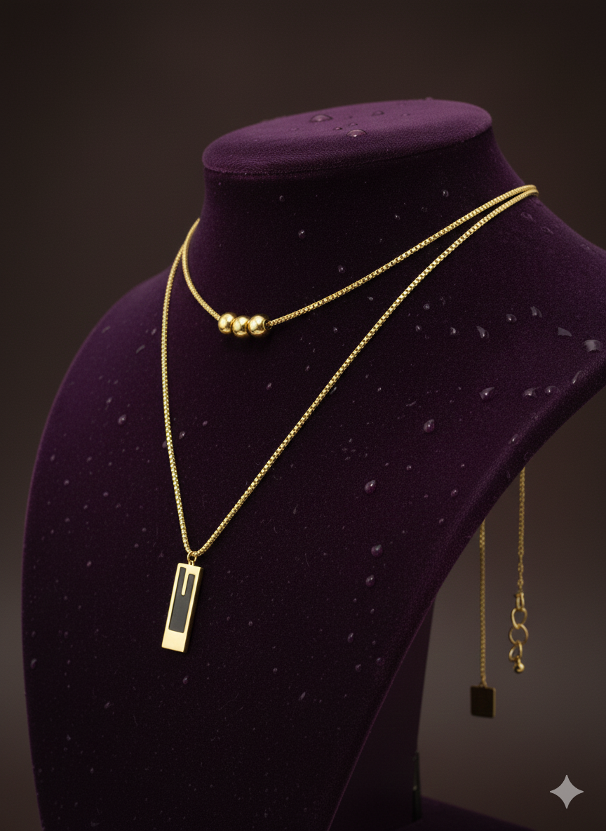 Midnight Onyx Geometric Layered Necklace | 18K Gold Plated Stainless Steel