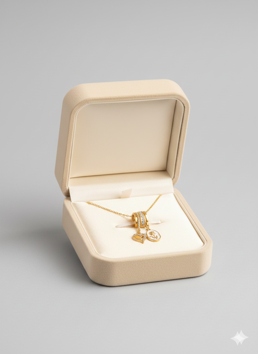 18K Gold Plated Vintage Romantic Multi-Charm Heart & Rose Necklace