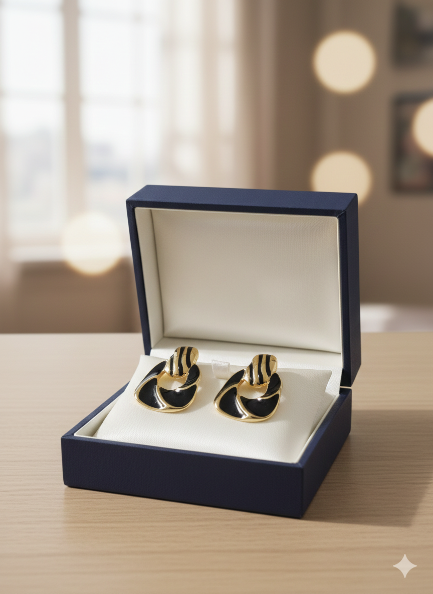 Midnight Noir Enamel Knots – 18K Gold Plated Sculptural Statement Earrings