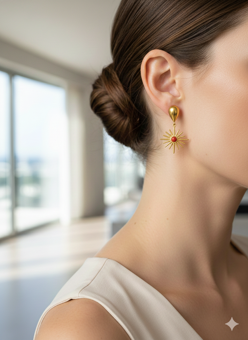 Vintage Celestial Sunburst Drop Earrings – 18K Gold Plated Stainless Steel with Red Jasper Detail – Boho Ethnic Statement Earrings