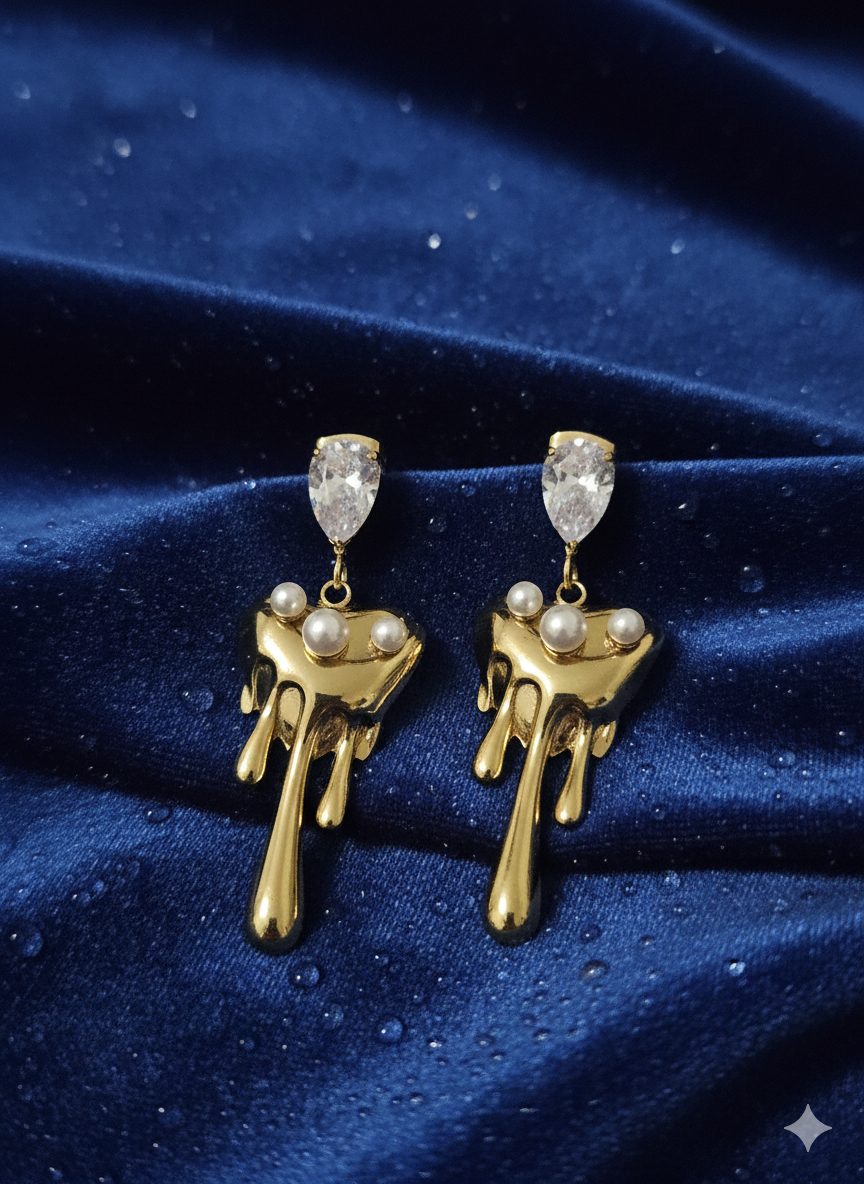 Golden Drip Pearl & Marquise Crystal Earrings | Premium Stainless Steel