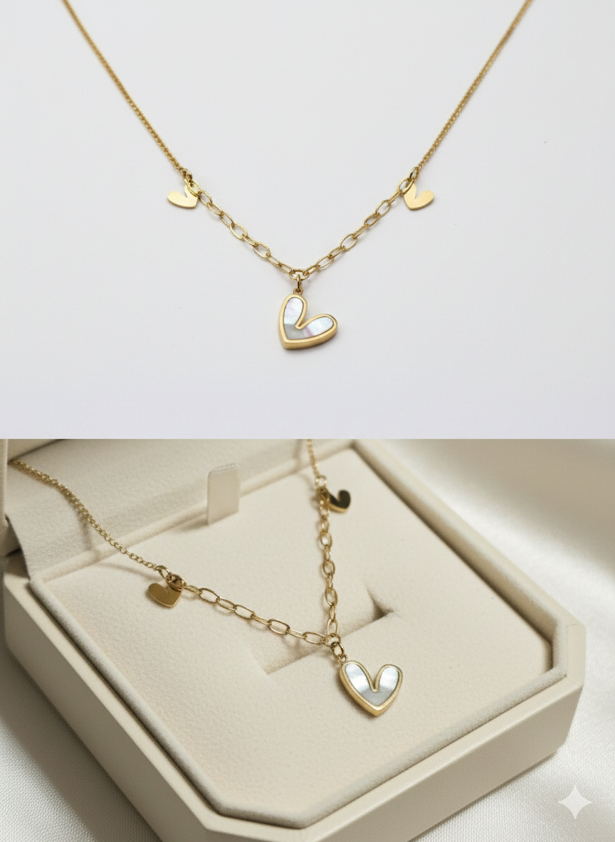 Luxury Stainless Steel Mother of Pearl Heart Charm Necklace - Gold Link Chain