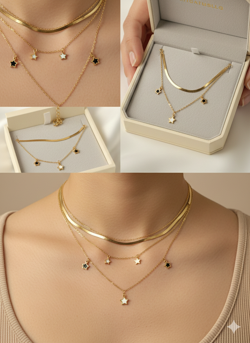The "Stellar Layers" Dual Necklace Set – 18K Gold Plated Snake Chain & Enamel Star Charms, Waterproof Stainless Steel