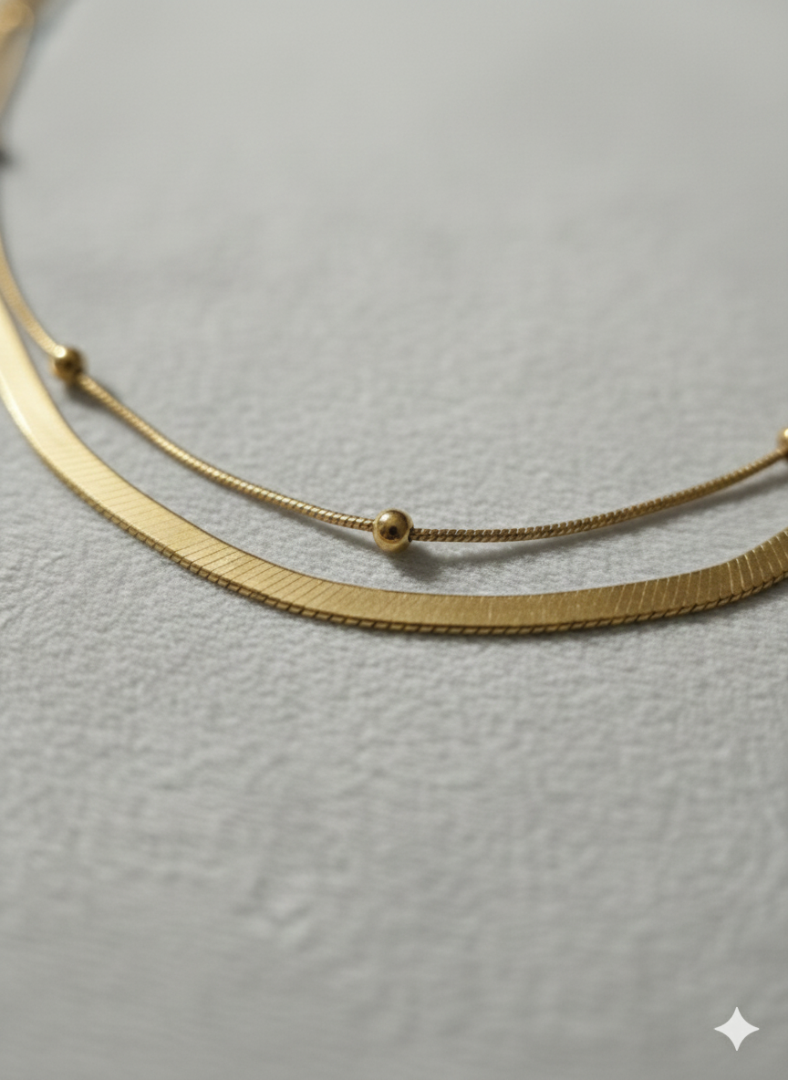 18K Gold Plated Minimalist Dual-Layered Herringbone & Satellite Chain Necklace