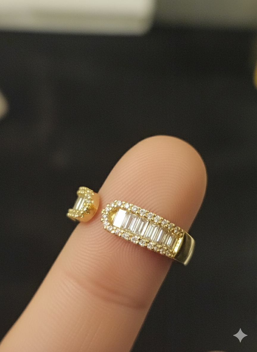 The "Luminaire" Baguette Open Ring – 18K Gold Plated Stainless Steel with Radiant Crystal Pavé