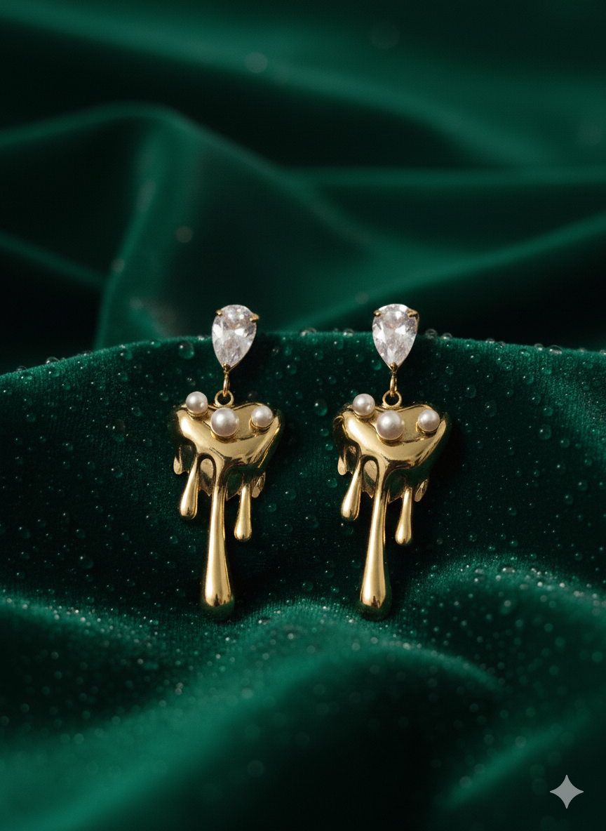 Golden Drip Pearl & Marquise Crystal Earrings | Premium Stainless Steel