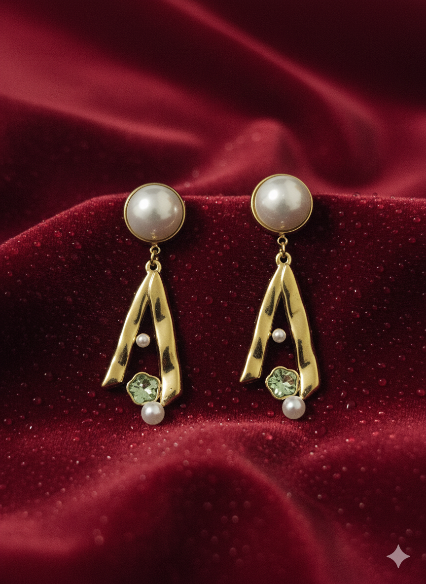 Abstarct Sculptural Drop Earrings | Pearl & Mint Crystal Stainless Steel