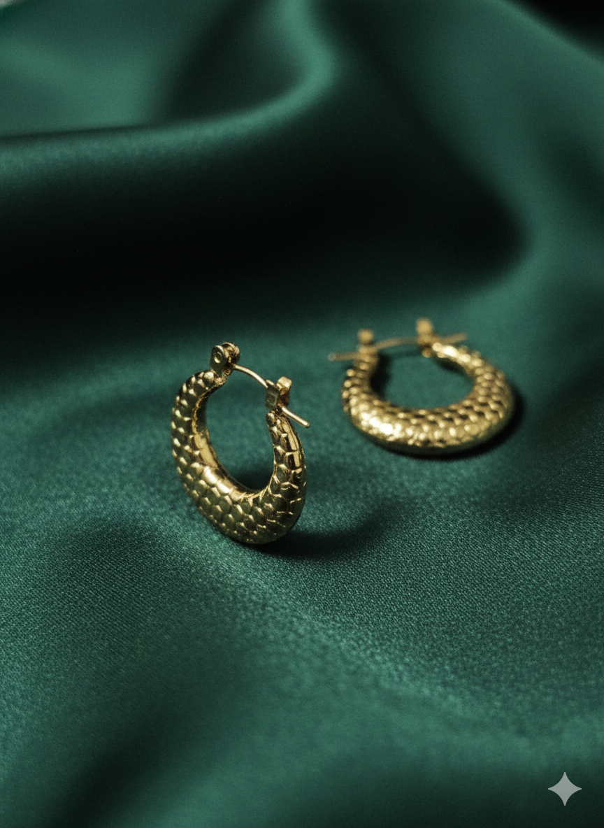 Gold Snake Skin Textured Hoop Earrings – 18K Gold Plated Stainless Steel – Chunky Embossed Huggie Hoops – Luxury Everyday Jewellery