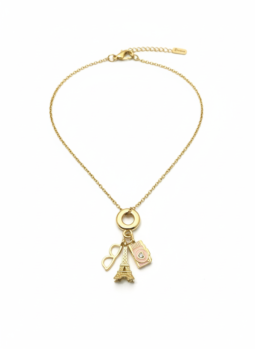 Chic Paris-Themed Gold Charm Necklace - Eiffel Tower, Camera & Sunglasses