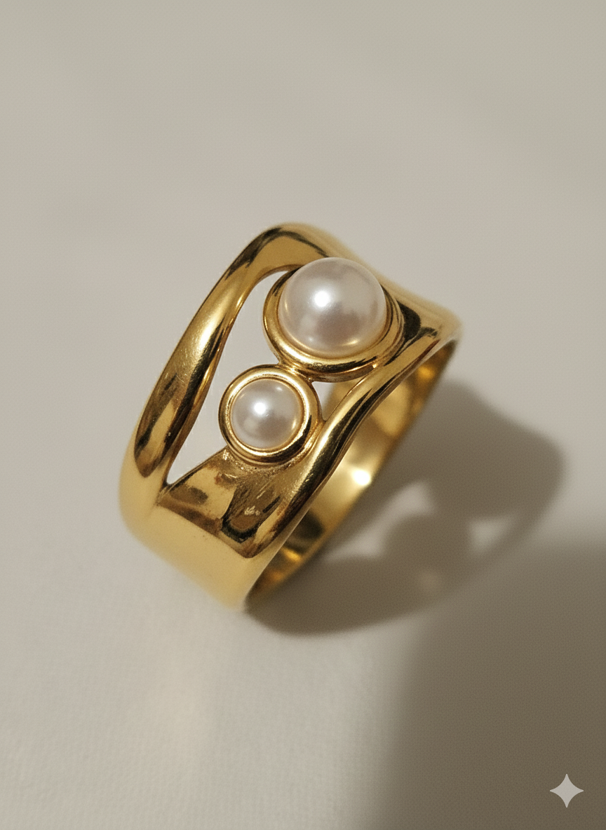 18K Gold Plated Vintage Minimalist Dual-Pearl Statement Ring