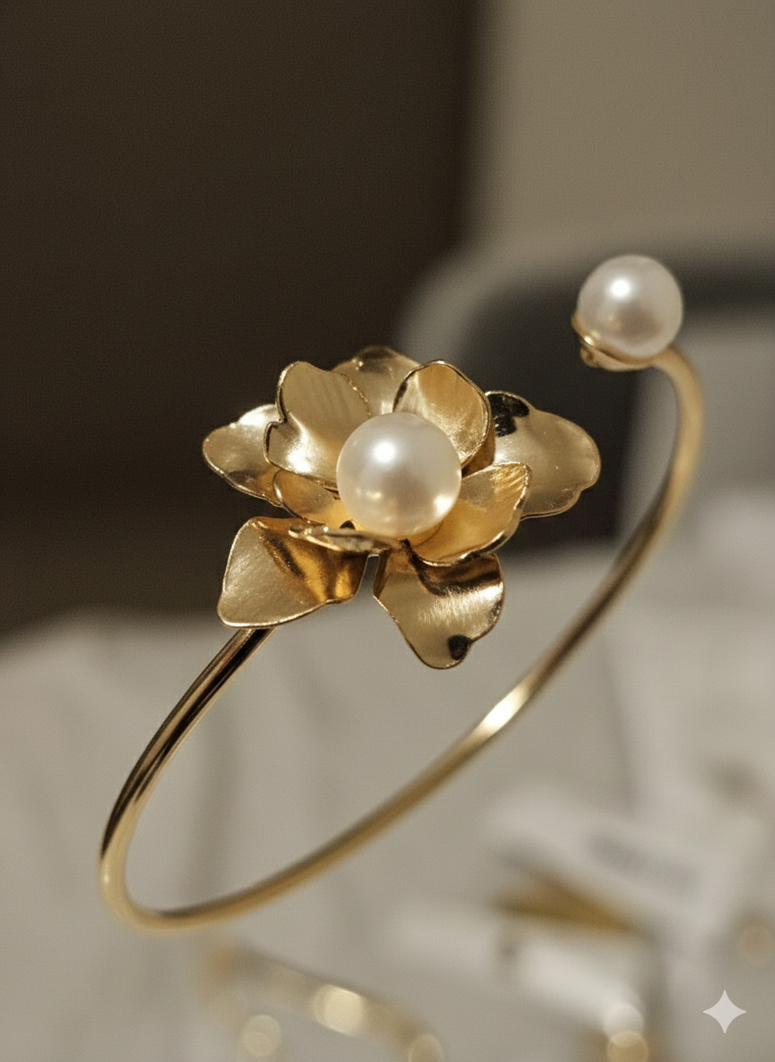 Petal & Pearl Open Cuff Bangle – 18K Gold Plated Floral Statement Bracelet