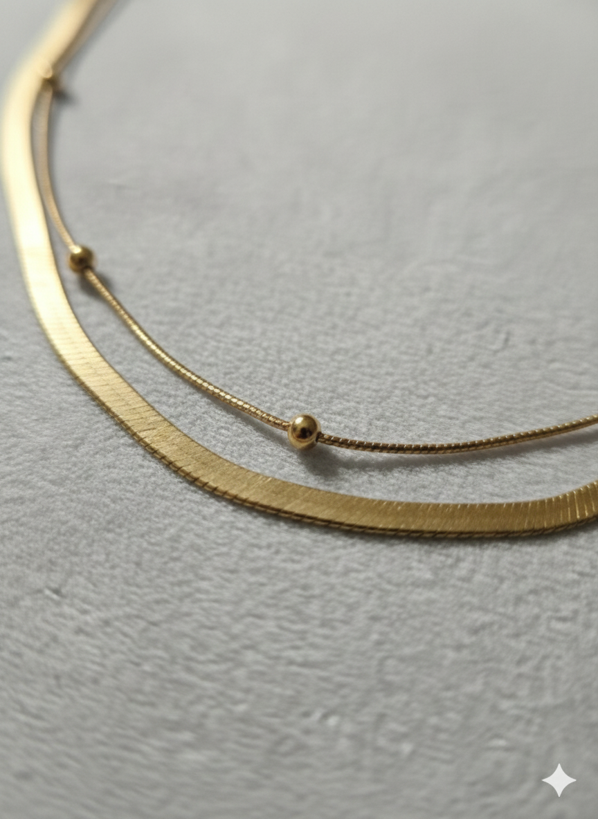 18K Gold Plated Minimalist Dual-Layered Herringbone & Satellite Chain Necklace