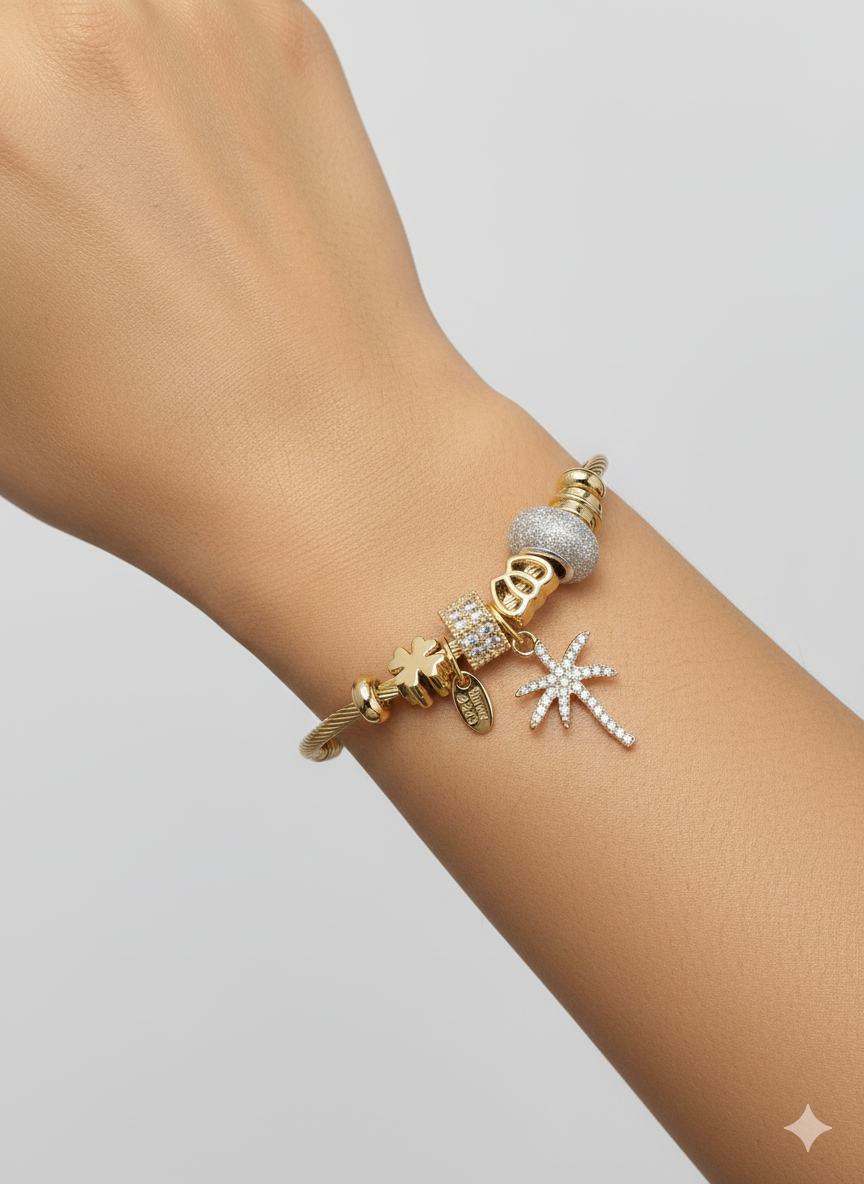 18K Gold Plated Statement Tropical Charm Bangle with Crystal Accents