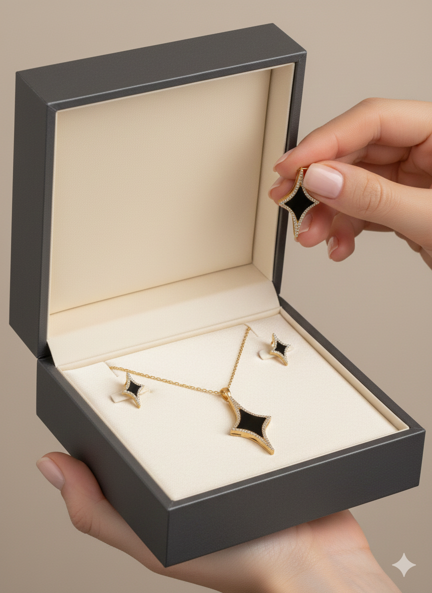 Stainless Steel Black Enamel North Star Jewelry Set - 18K Gold Plated Necklace & Stud Earrings