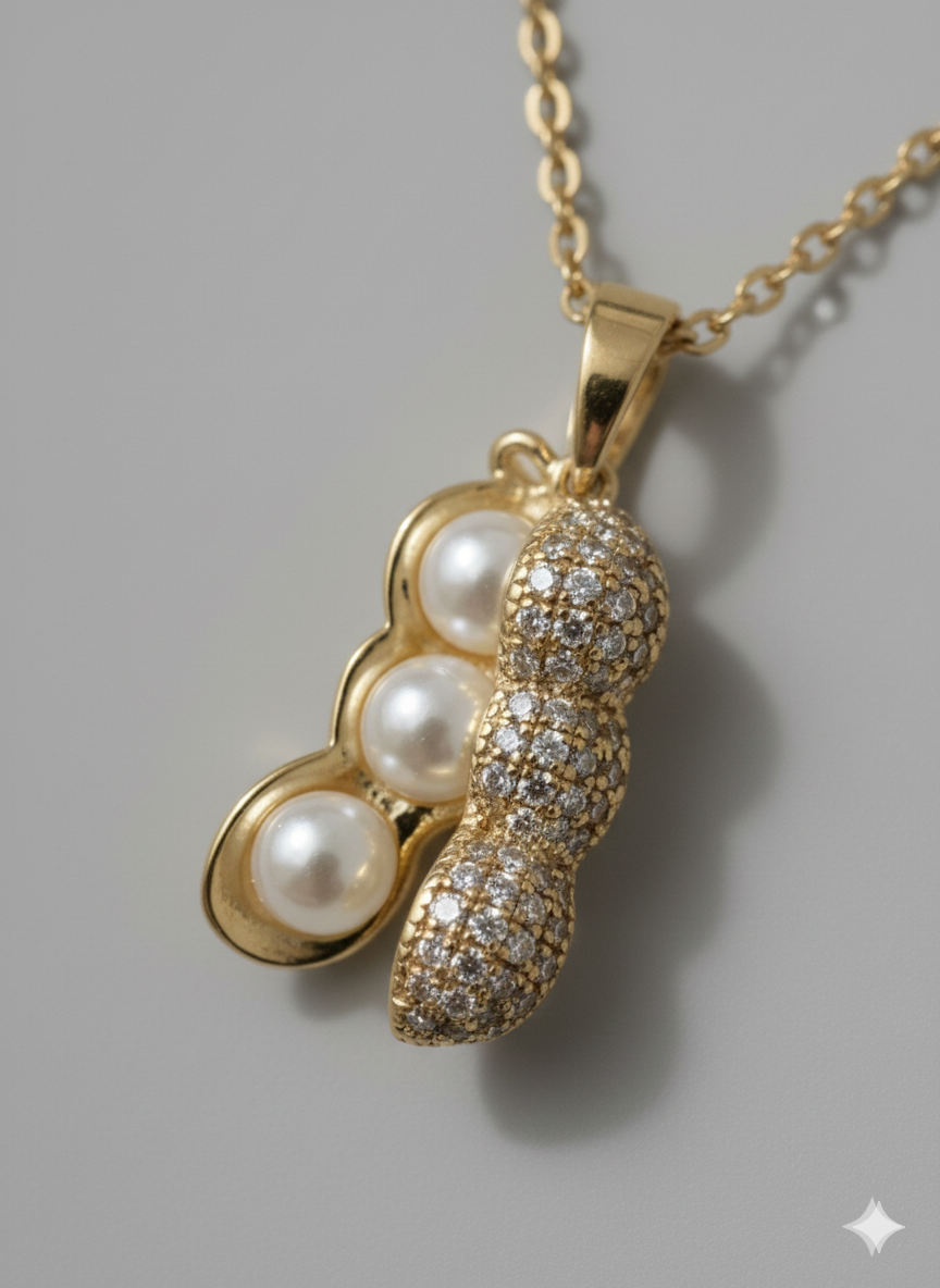 Stainless Steel "Three Peas in a Pod" Pearl Necklace - Gold Zirconia Accents