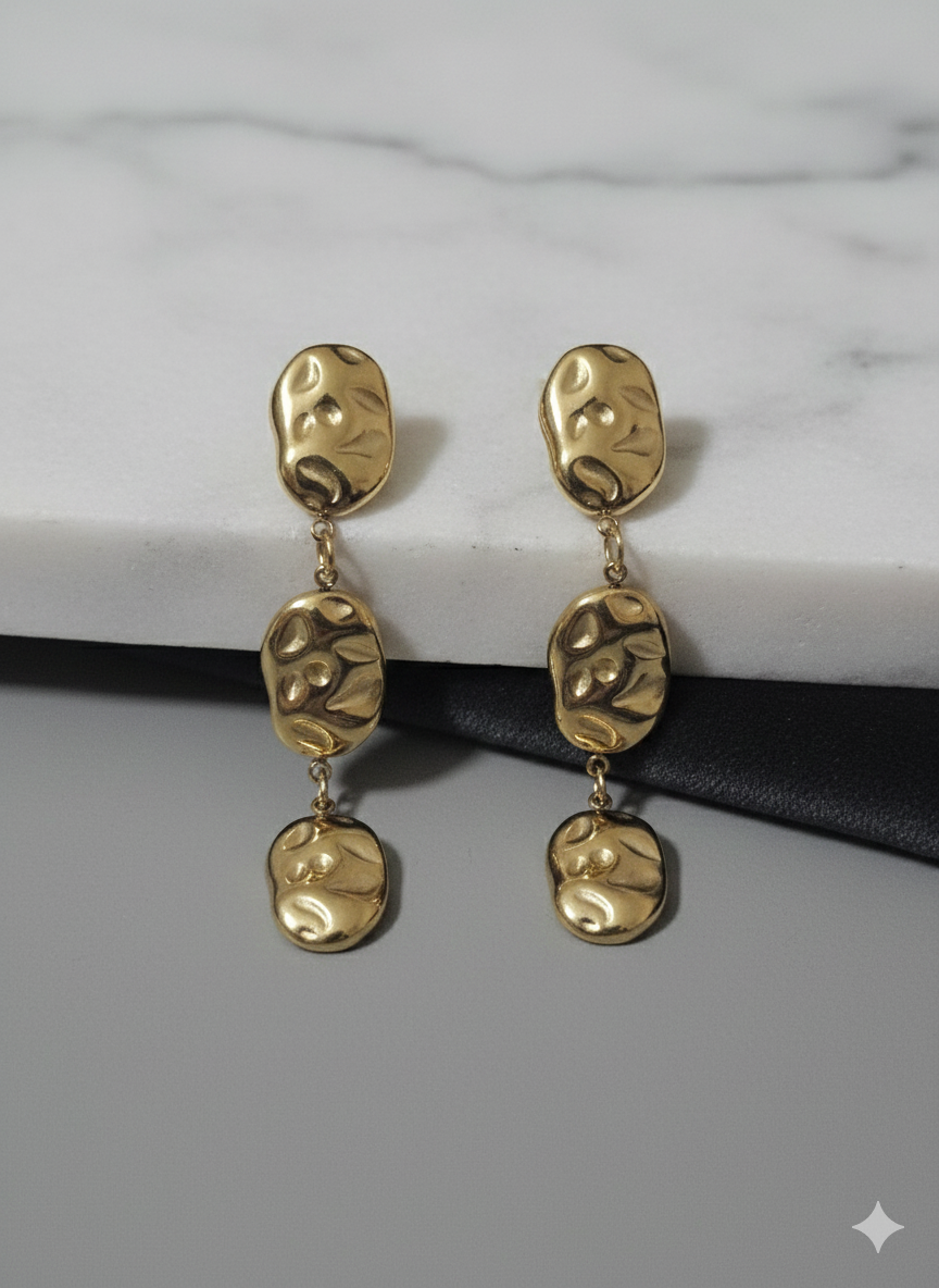 Stainless Steel Organic Hammered Triple Drop Earrings - Tarnish-Free Gold Dangles