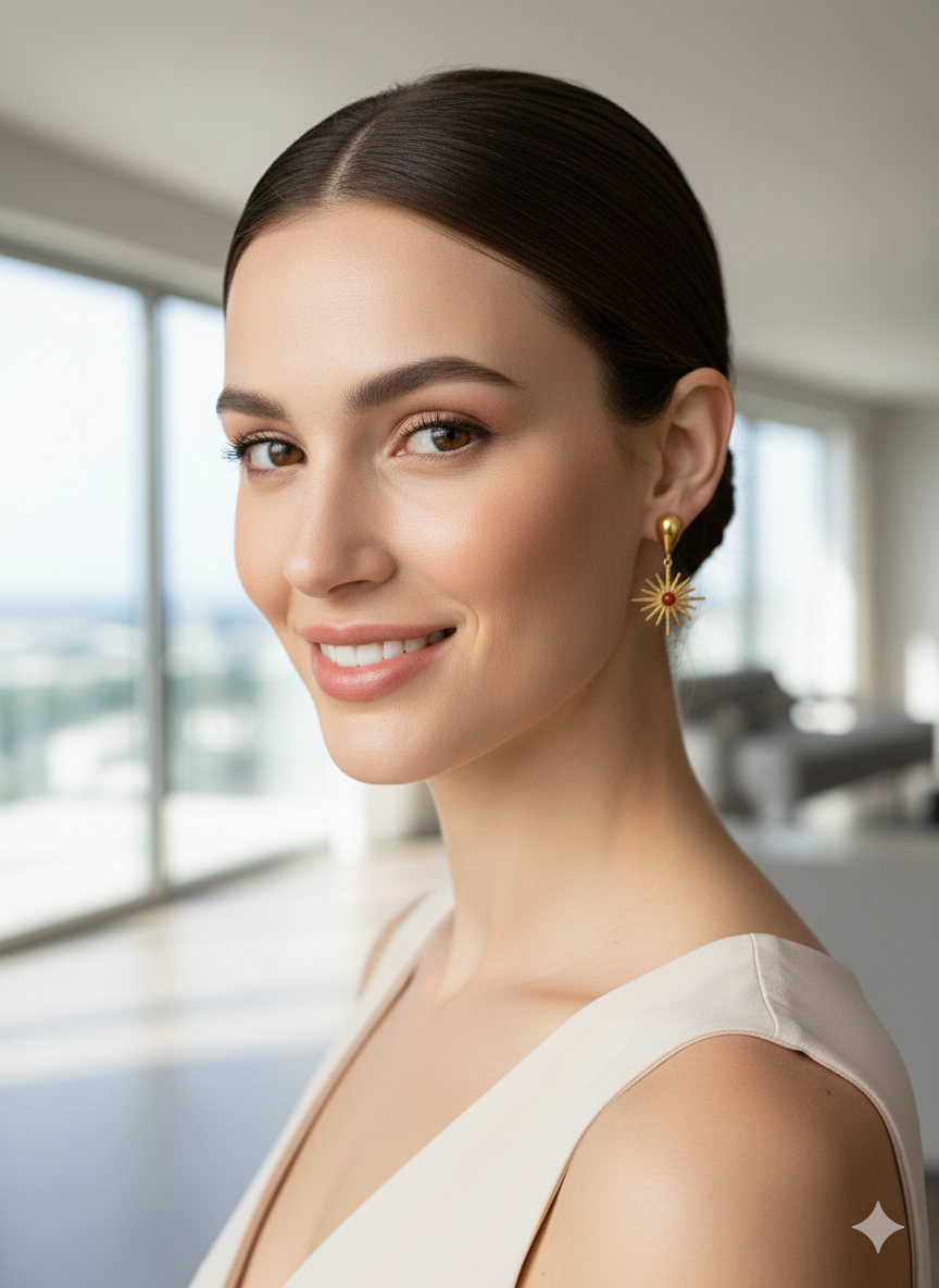 Vintage Celestial Sunburst Drop Earrings – 18K Gold Plated Stainless Steel with Red Jasper Detail – Boho Ethnic Statement Earrings