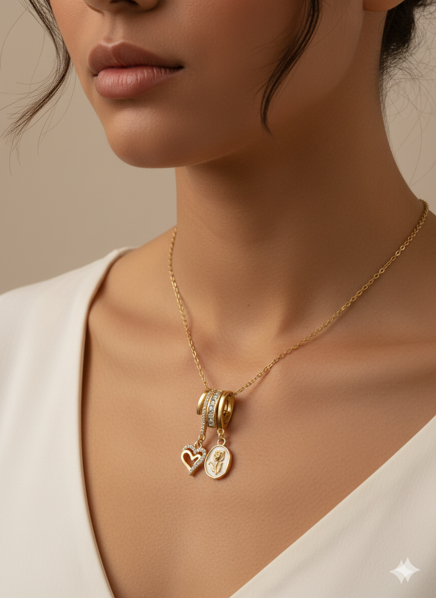 18K Gold Plated Vintage Romantic Multi-Charm Heart & Rose Necklace