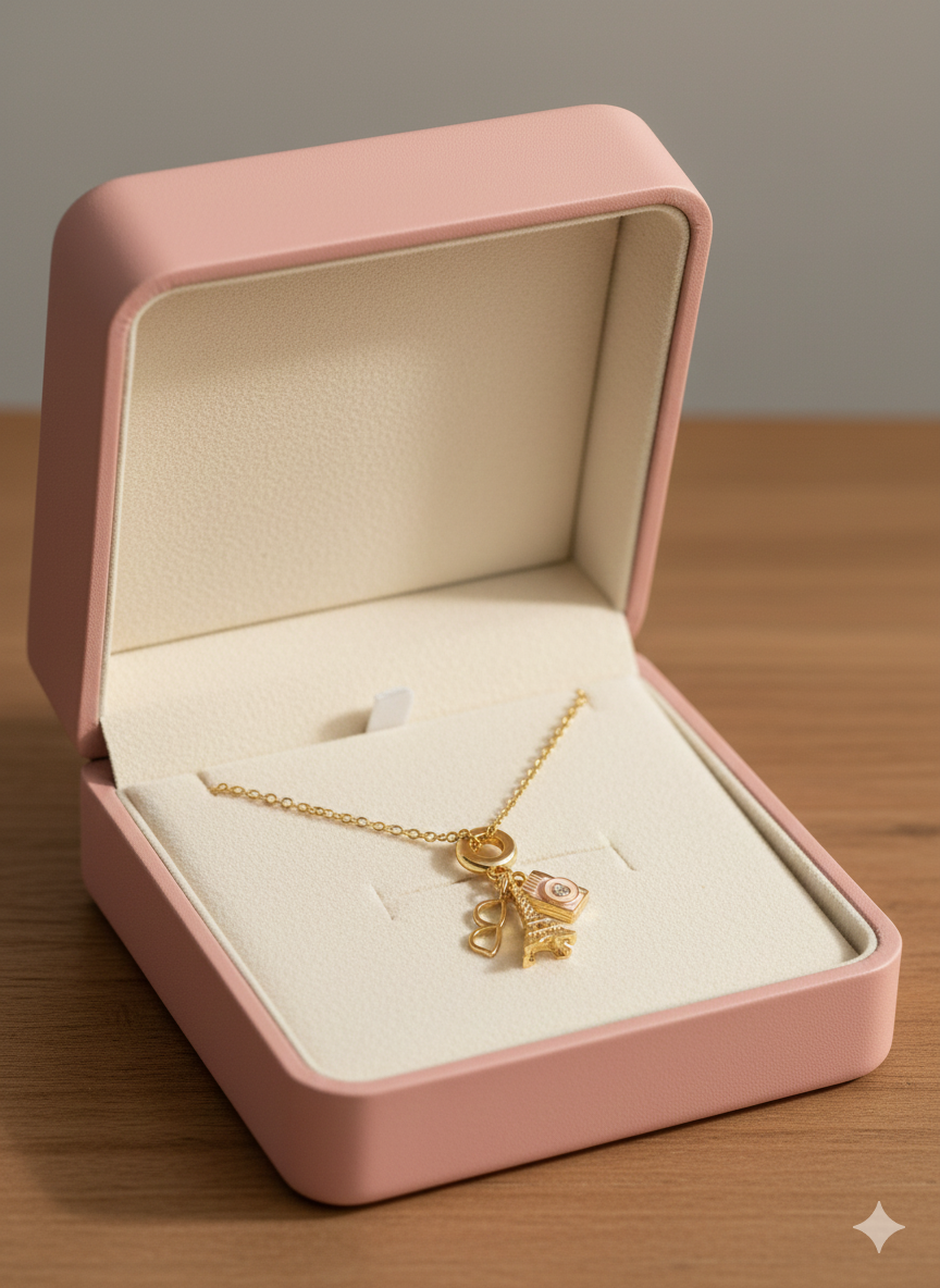 Chic Paris-Themed Gold Charm Necklace - Eiffel Tower, Camera & Sunglasses