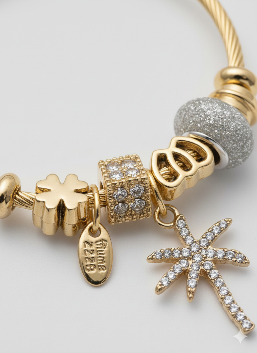 18K Gold Plated Statement Tropical Charm Bangle with Crystal Accents