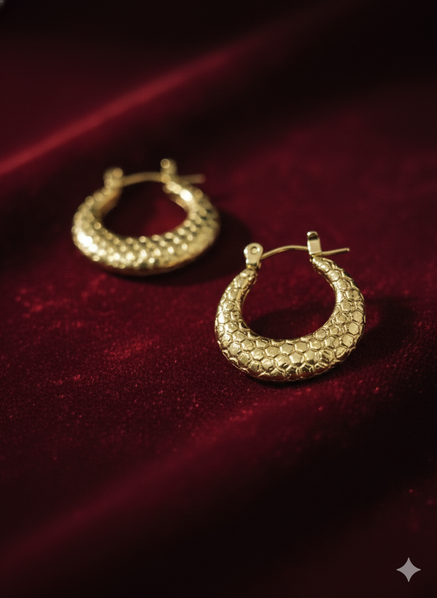 Gold Snake Skin Textured Hoop Earrings – 18K Gold Plated Stainless Steel – Chunky Embossed Huggie Hoops – Luxury Everyday Jewellery