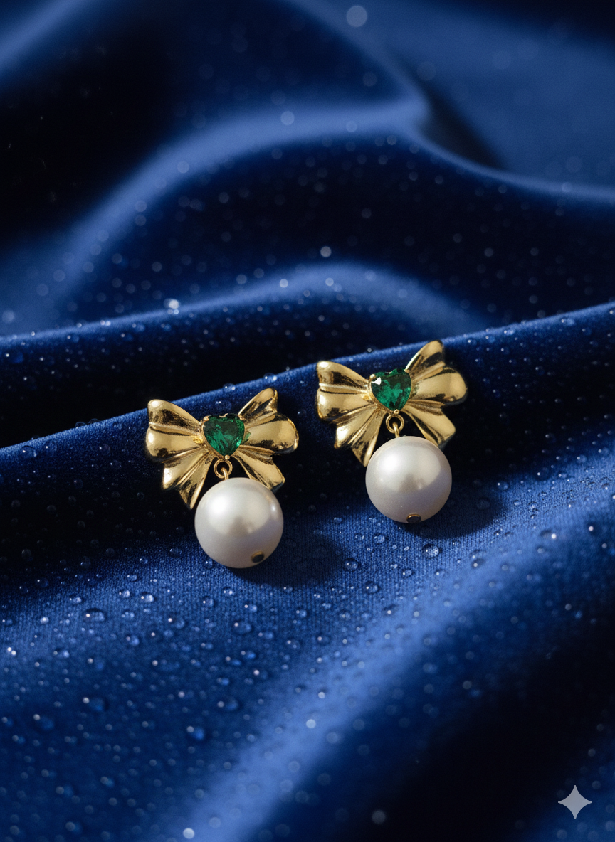 Romantic Emerald Heart & Pearl Bow Earrings | 18K Gold Plated Stainless Steel