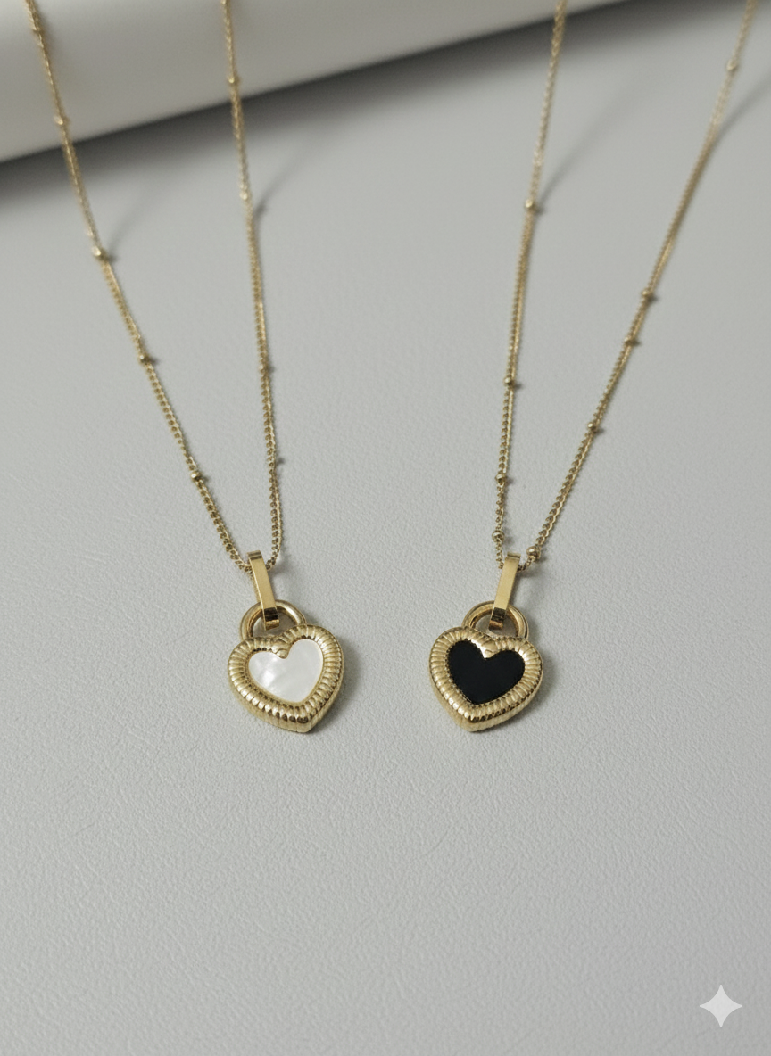 The "Duality Heart" Reversible Necklace – Black Onyx & White Pearl Effect, 18K Gold Plated Stainless Steel