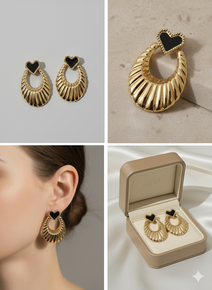 Vintage-Style Gold Stainless Steel Heart Earrings - Textured Shell Design