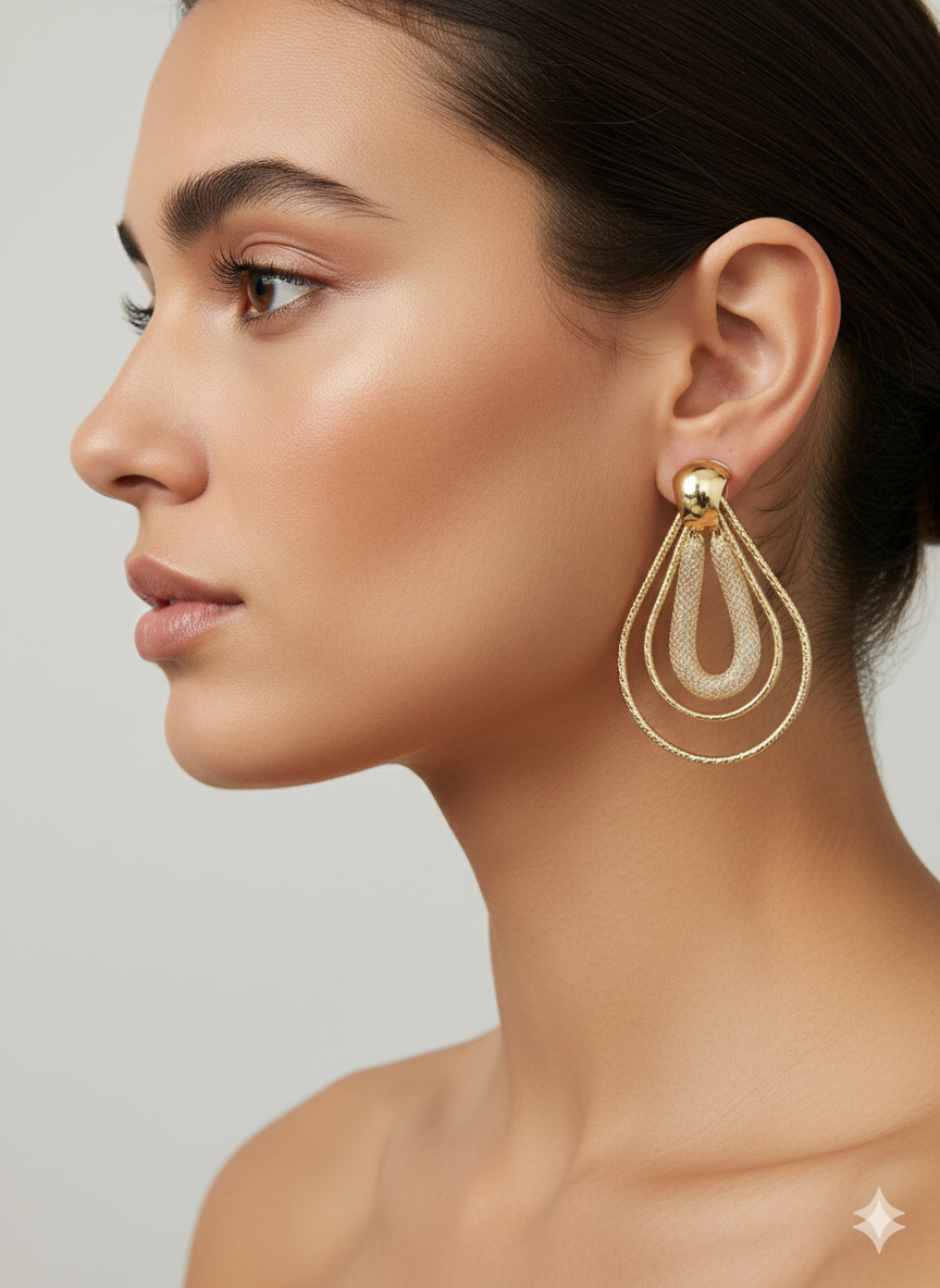 Triple Layer Textured Teardrop Earrings – 18K Gold Plated Luxury Statement Drops