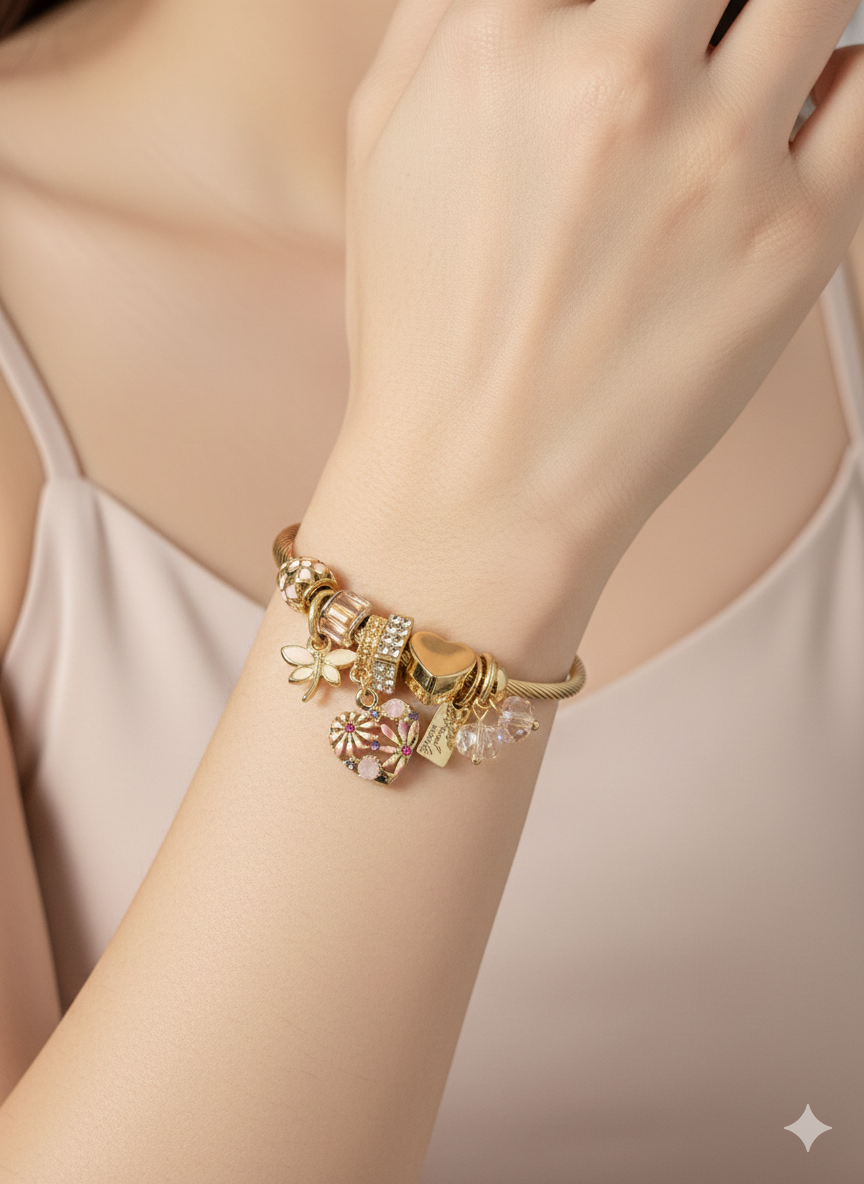 18K Gold Plated Stainless Steel Charm Bangle Bracelet - Tarnish-Free Heart & Crystal Set