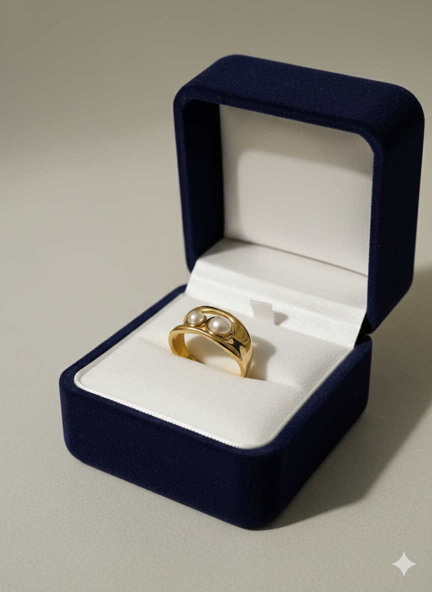 18K Gold Plated Vintage Minimalist Dual-Pearl Statement Ring